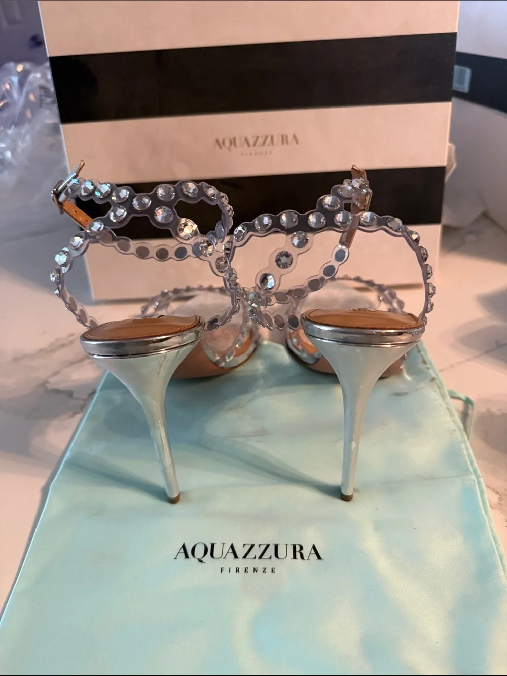 Aquazzura Silver Crystal Strap Stiletto Sandals